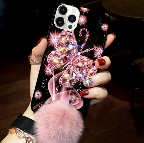 iPhone 13 ProMax Girly 3D  Rhinestone Bling Butterfly & Fuzzy Ball Phone Case - Picture 1 of 6